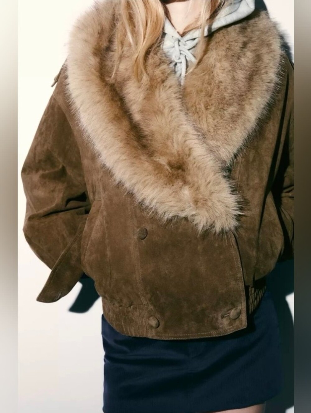Zara Olive Brown Suede Jacket with Faux Fur Shawl Collar